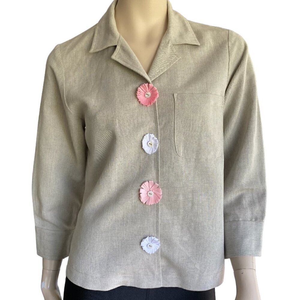 Harve Bernard Linen Blend Flower Snap Button Blouse Sz 8 Petite